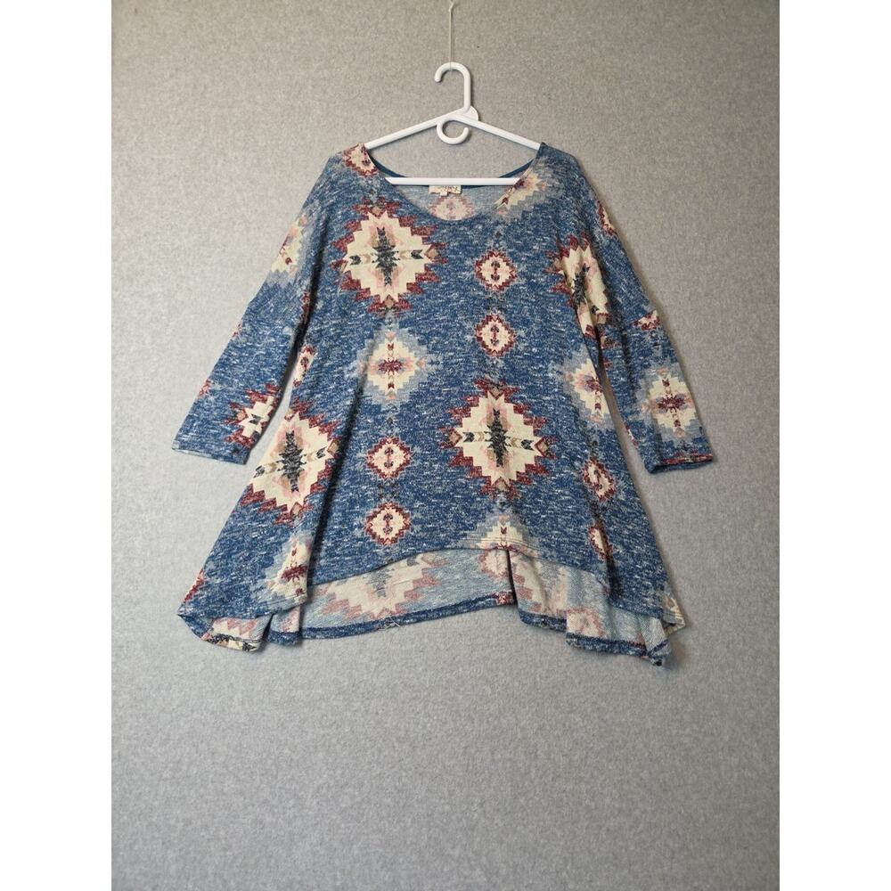 Umgee Blue Knit Southwestern Print 3/4 Sleeve Sweater Women's Plus 1X
